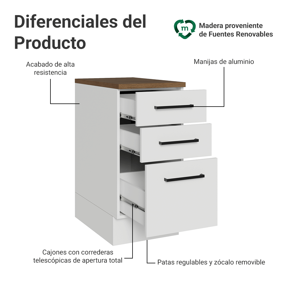 Bajo Mesada 40 cm 3 Cajones Blanco/Marrón Agata Madesa