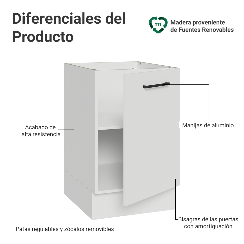 Bajo Mesada 50cm 1 Puerta (Sin Mesada) Blanco Agata Madesa