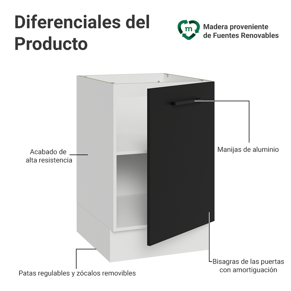 Bajo Mesada 50cm 1 Puerta (Sin Mesada) Blanco/Negro Agata Madesa