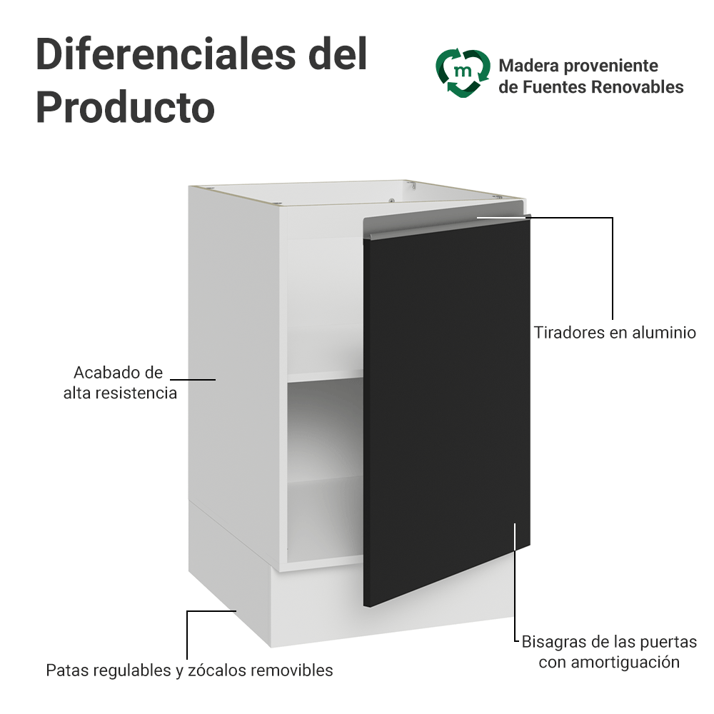 Bajo Mesada 50cm 1 Puerta (Sin Mesada) Blanco/Negro Glamy Madesa