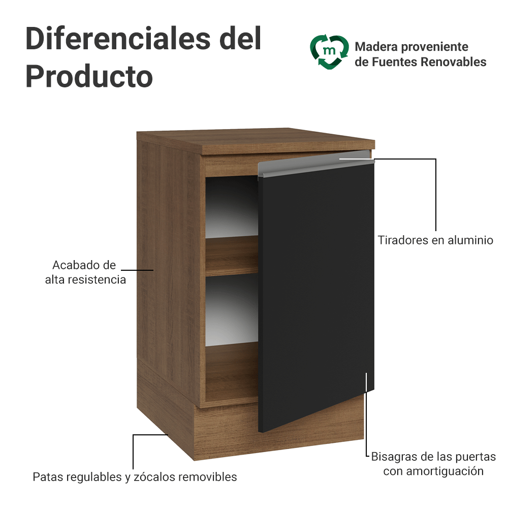 Bajo Mesada 50cm 1 Puerta Marrón/Negro Glamy Madesa