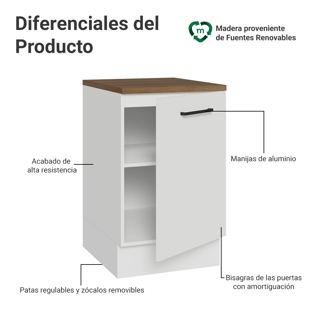 Bajo Mesada 50cm 1 puerta Blanco/Marrón Con Mesada Agata Madesa