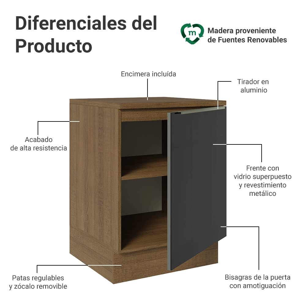 Bajo Mesada de Cocina 60 cm 1 Puerta (Con Mesada) Marrón/Negro Lux Madesa