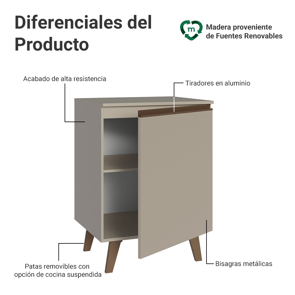 Bajo Mesada 60 cm 1 Puerta Con Patas Nice Crema