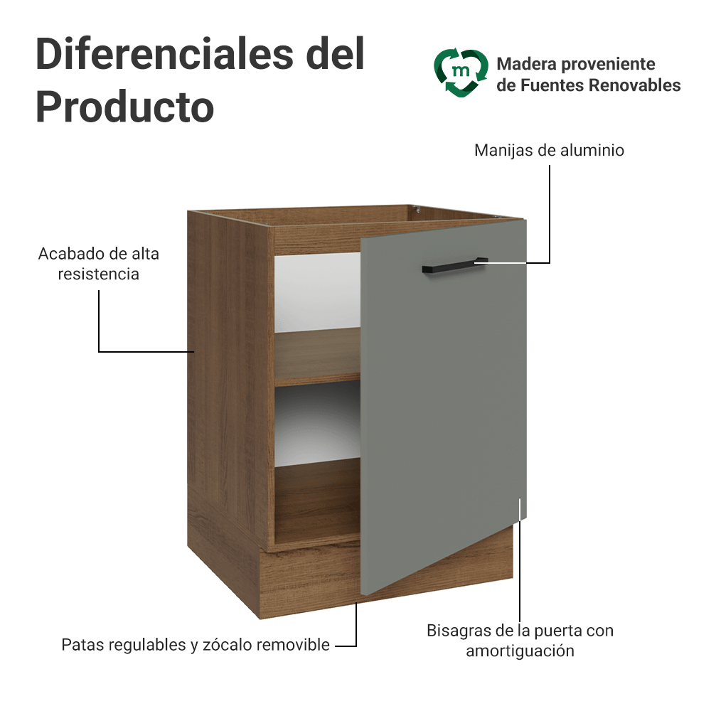 Bajo Mesada 60 cm 1 Puerta Sin Mesada Marrón/Gris Agata Madesa