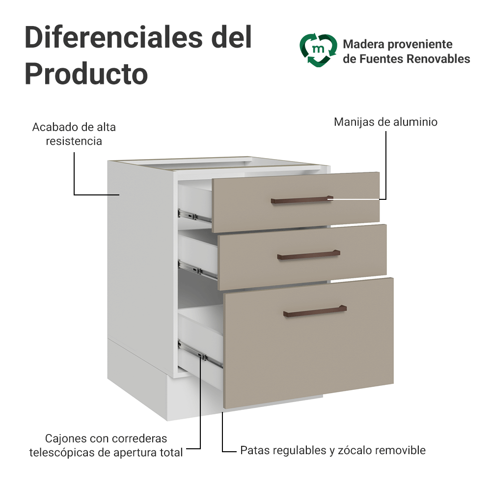 Bajo Mesada 60 cm 3 Cajones Sin Mesada Blanco/Crema Agata Madesa