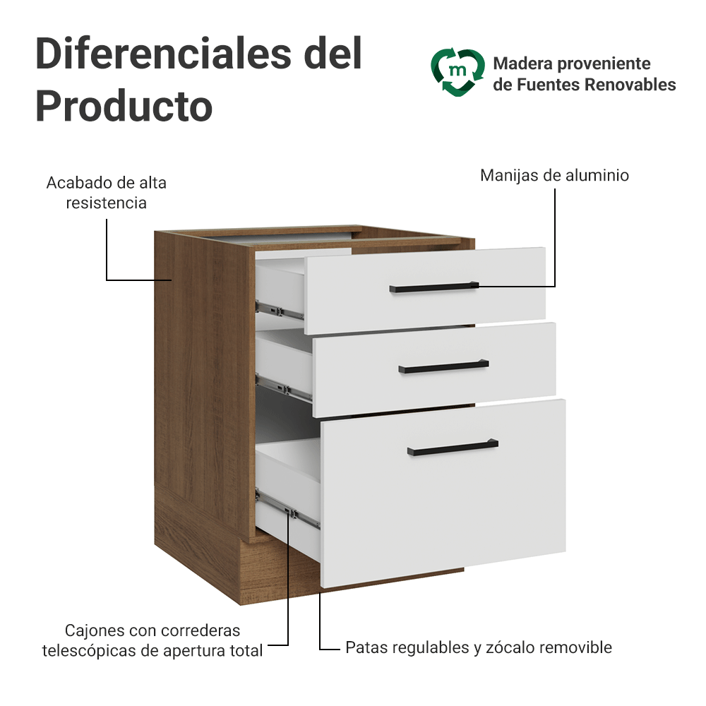 Bajo Mesada 60 cm 3 Cajones Sin Mesada Marrón/Blanco Agata Madesa
