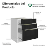 Bajo Mesada de Cocina 60 cm 3 Cajones (Sin Mesada) Blanco/Negro Lux Madesa