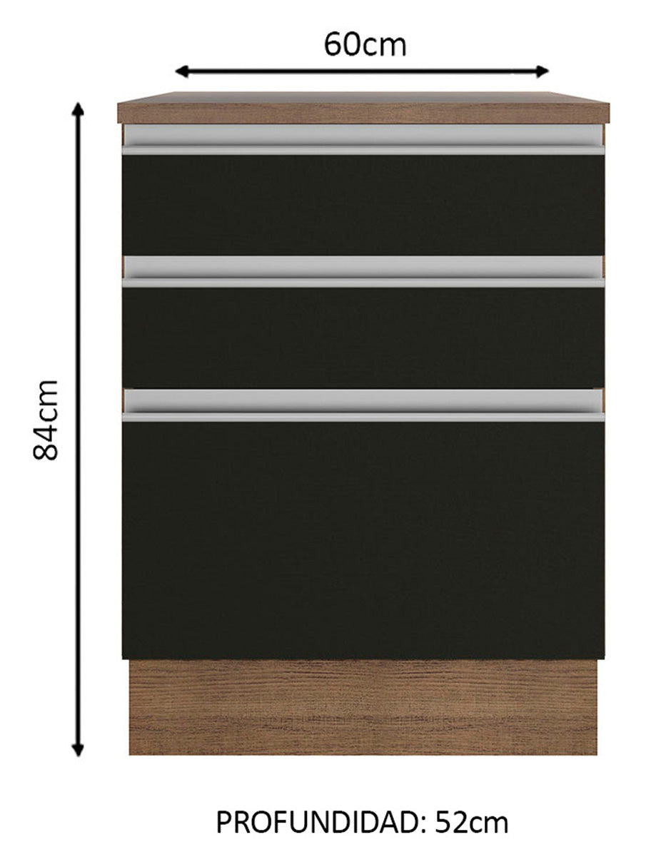 Bajo Mesada 60 cm 3 Cajones Glamy Marrón/Negro