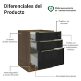 Bajo Mesada de Cocina 60 cm 3 Cajones (Sin Mesada) Marrón/Negro Lux Madesa