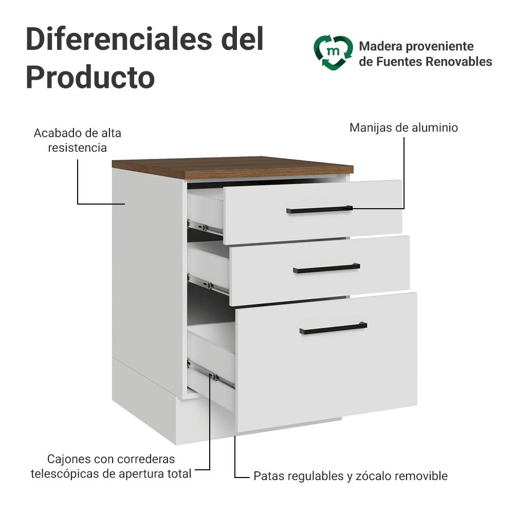 Bajo Mesada 60 cm 3 Cajones Blanco/Marrón Agata Madesa