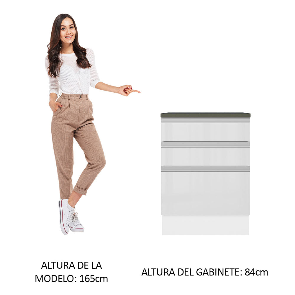 Bajo Mesada Cocina 100% MDF 60 cm 3 Cajones Frentes Blanco Brillante Acordes Madesa