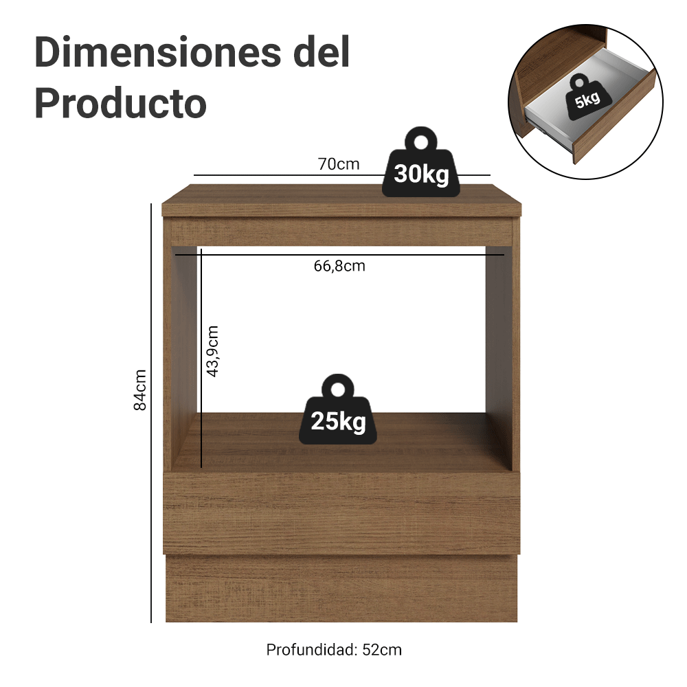 Mueble para Horno/Microondas 70 cm 1 Cajón (Con mesada) Marrón Madesa