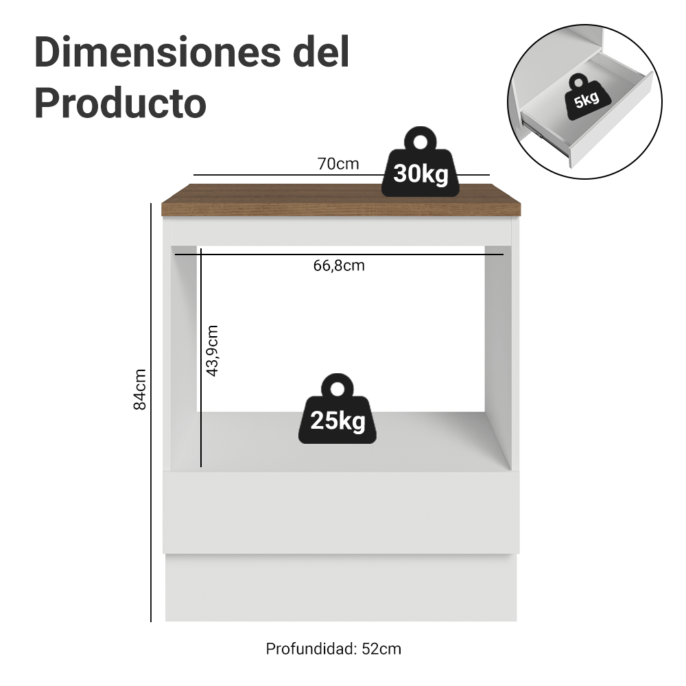 Bajo Mesada para Horno/Microondas 70 cm 1 Cajón Blanco Mesada Marrón