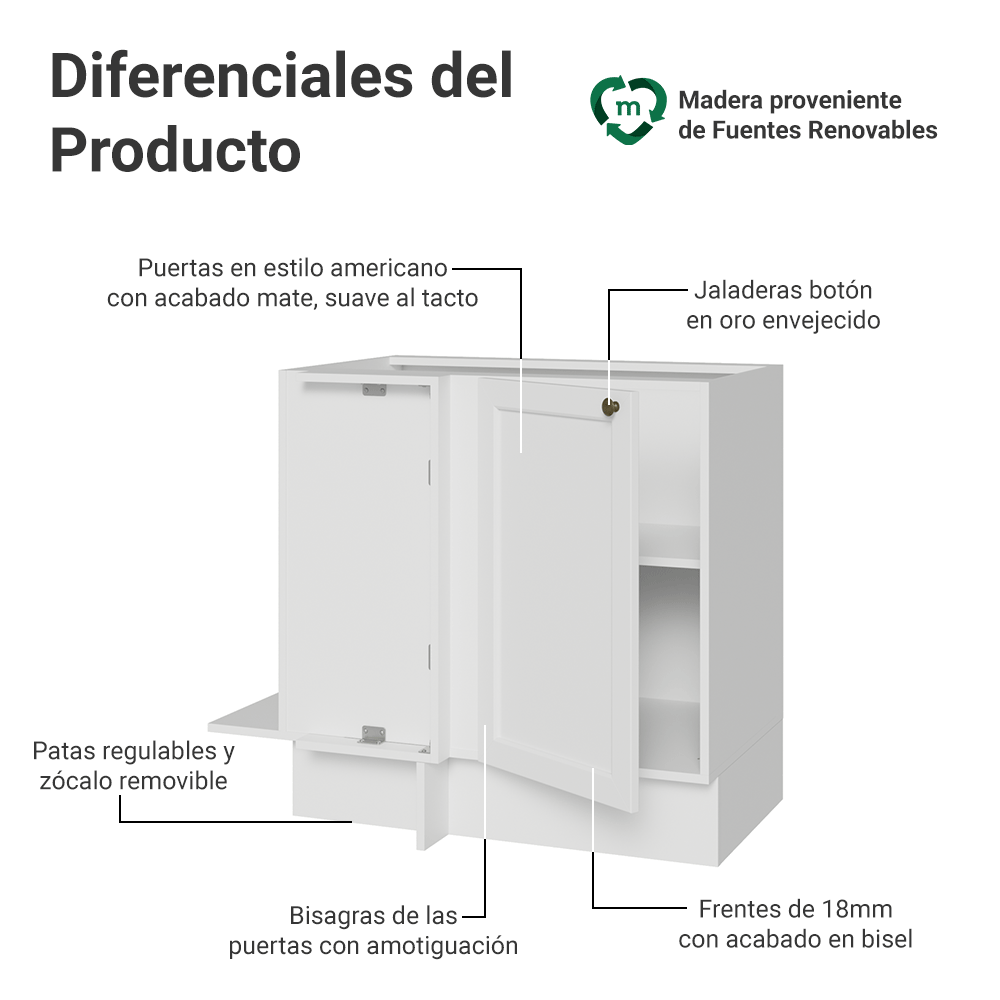 Bajo Mesada Esquinero 94 cm 1 Puerta (Sin Mesada) Blanco Vik Madesa