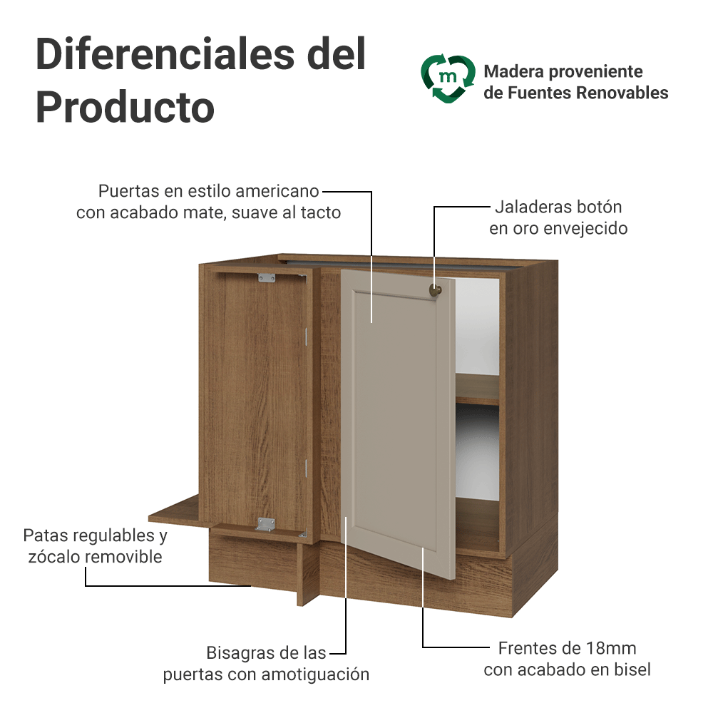 Bajo Mesada Esquinero 94 cm 1 Puerta (Sin Mesada) Marrón/Crema Vik Madesa
