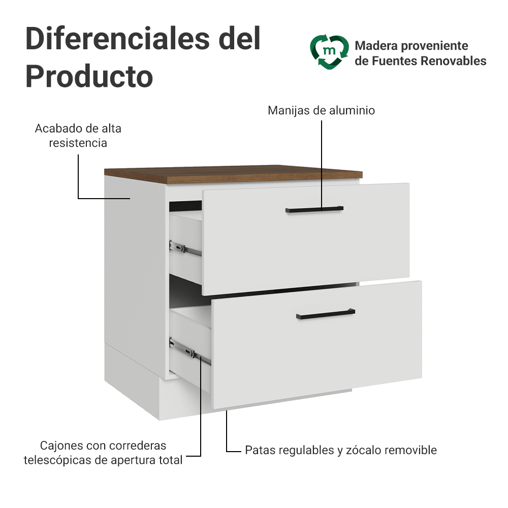 Bajo Mesada 80 cm 2 Cajones Blanco/Marrón Agata Madesa