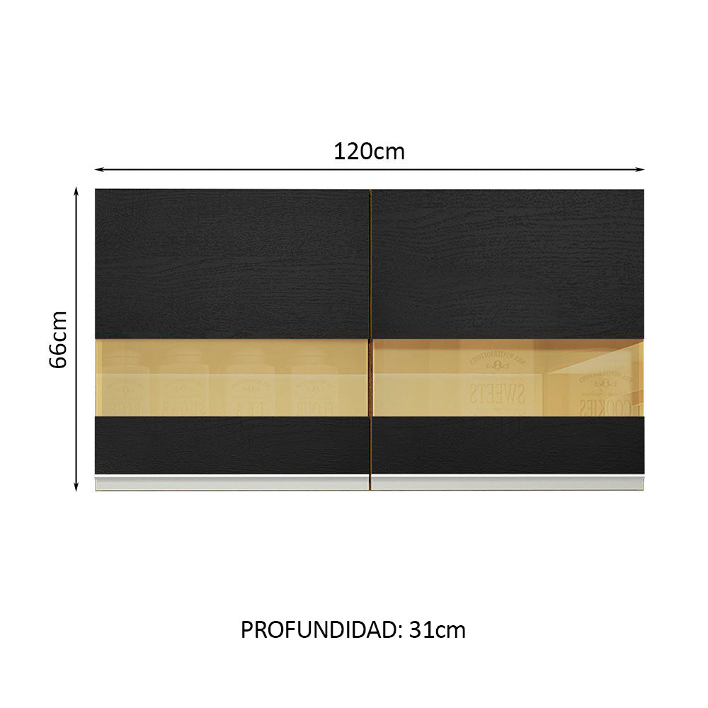 Alacena 120 cm 2 Puertas con detalle en vidrio Marrón/Negro Glamy Madesa