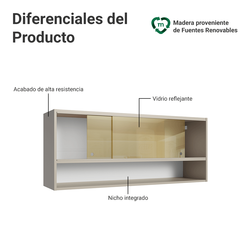Alacena 120 cm 2 Puertas Correderas de Vidrio Reflectivo 1 Nicho Nice Crema