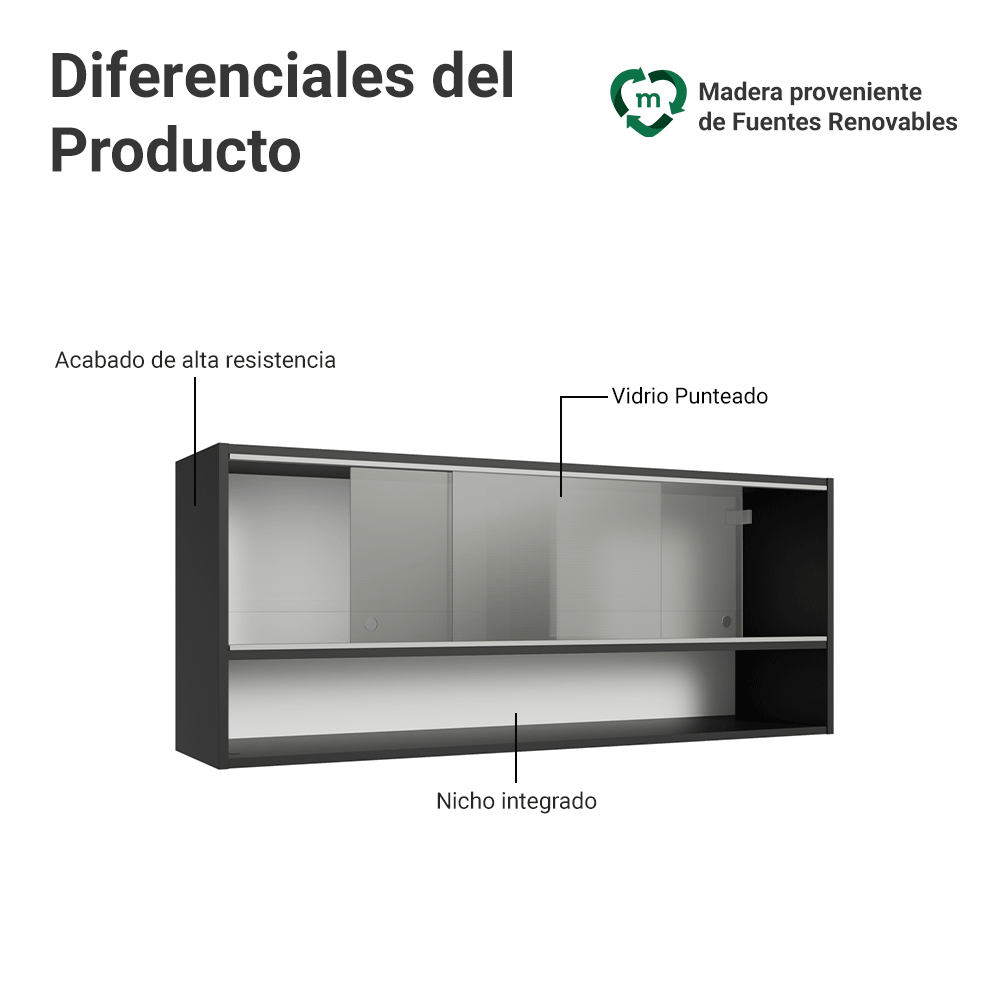 Alacena para Cocina 120 cm 2 Puertas Corredizas de Vidrio Esmerilado e 1 Nicho Negro Madesa