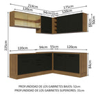 Combo completo de Cocina Esquinera 389 cm 9 Puertas 2 Cajones Sin Mesada Marrón/Negro Agata Madesa