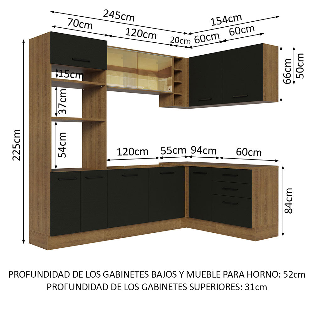 Combo completo de Cocina Esquinera 399 cm 10 Puertas 3 Cajones Sin Mesada Marrón/Negro Agata Madesa