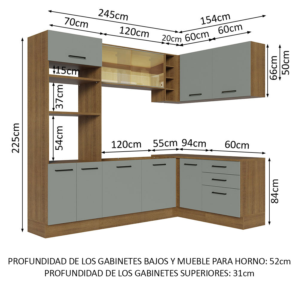 Combo completo de Cocina Esquinera 399 cm 10 Puertas 3 Cajones Sin Mesada Marrón/Gris Agata Madesa