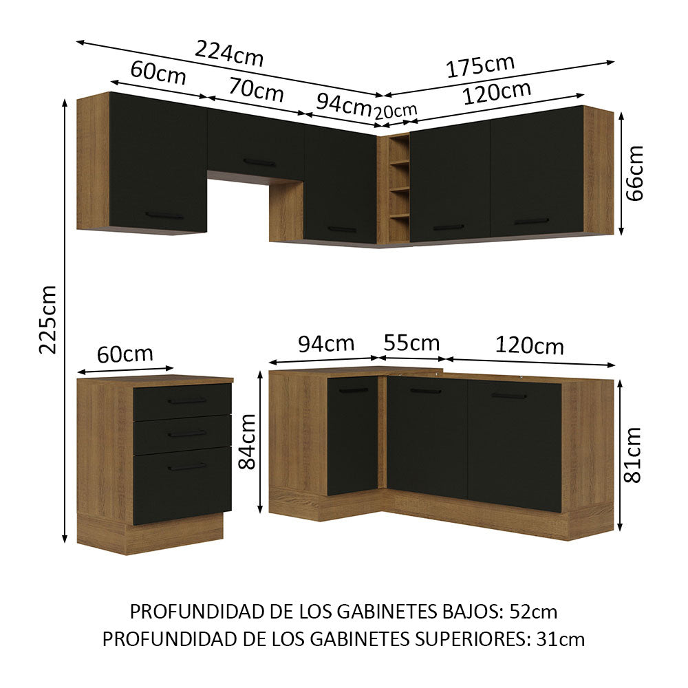Combo completo de Cocina Esquinera 399 cm 8 Puertas 3 Cajones Sin Mesada Marrón/Negro Agata Madesa