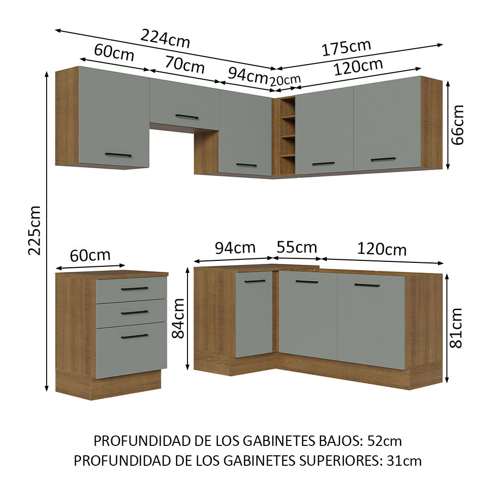 Combo completo de Cocina Esquinera 399 cm 8 Puertas 3 Cajones Sin Mesada Marrón/Gris Agata Madesa