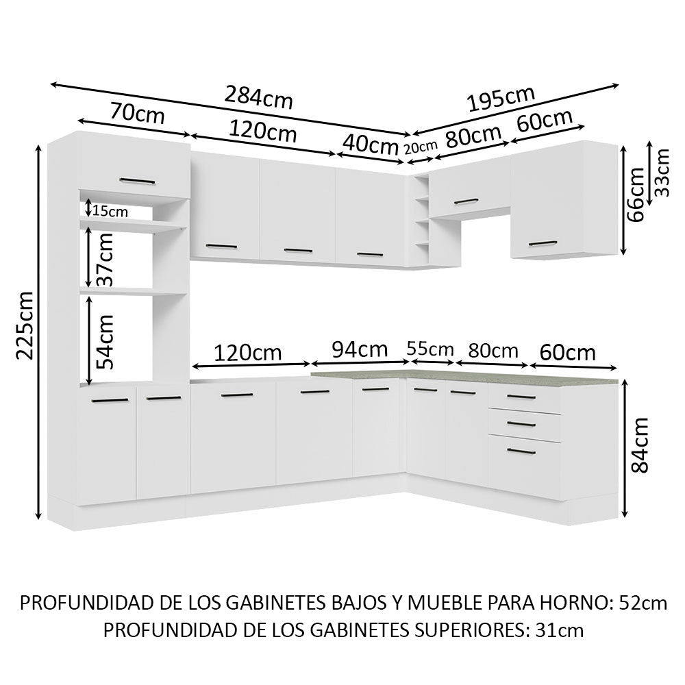 Combo completo de Cocina Esquinera 479 cm 13 Puertas 3 Cajones Sin Mesada Blanco Agata Madesa