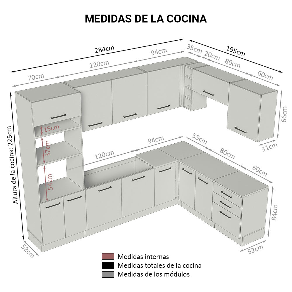 Combo completo de Cocina Esquinera 479 cm 13 Puertas 3 Cajones Sin Mesada Marrón/Crema Agata Madesa