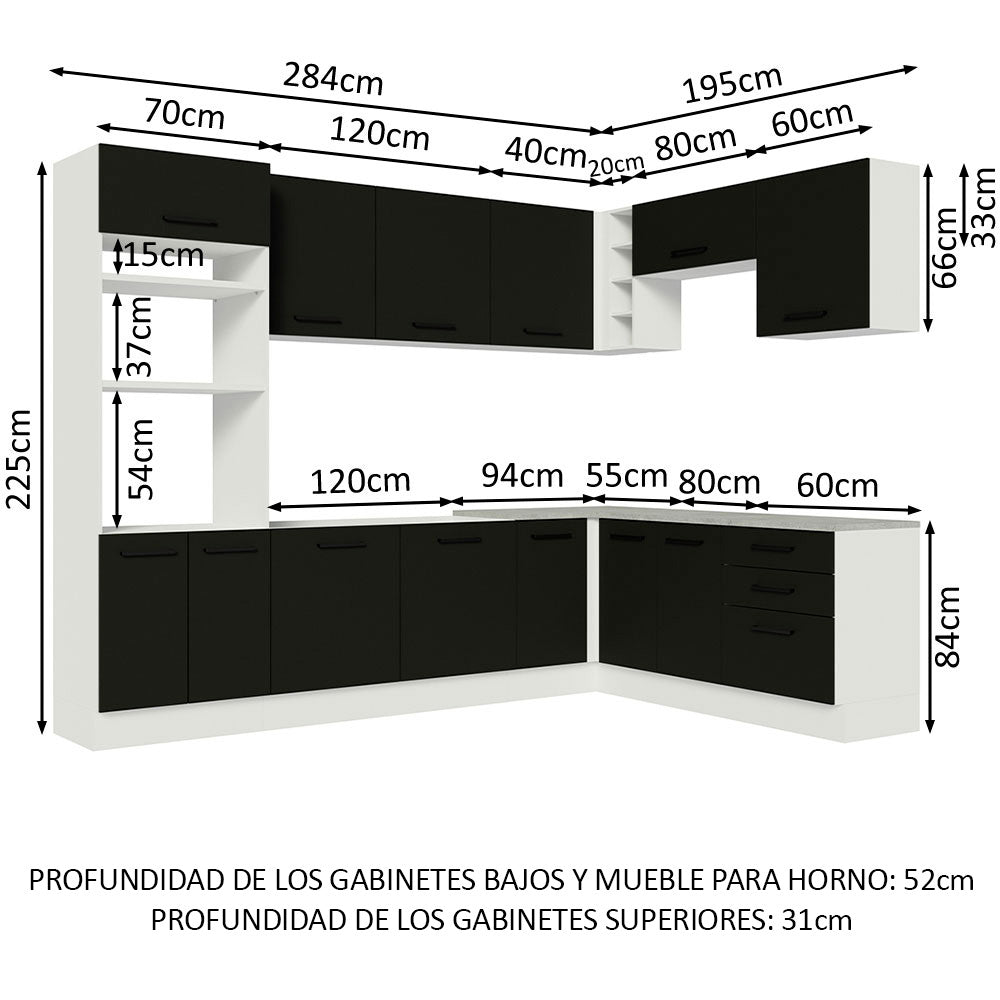 Combo completo de Cocina Esquinera 479 cm 13 Puertas 3 Cajones Sin Mesada Blanco/Negro Agata Madesa