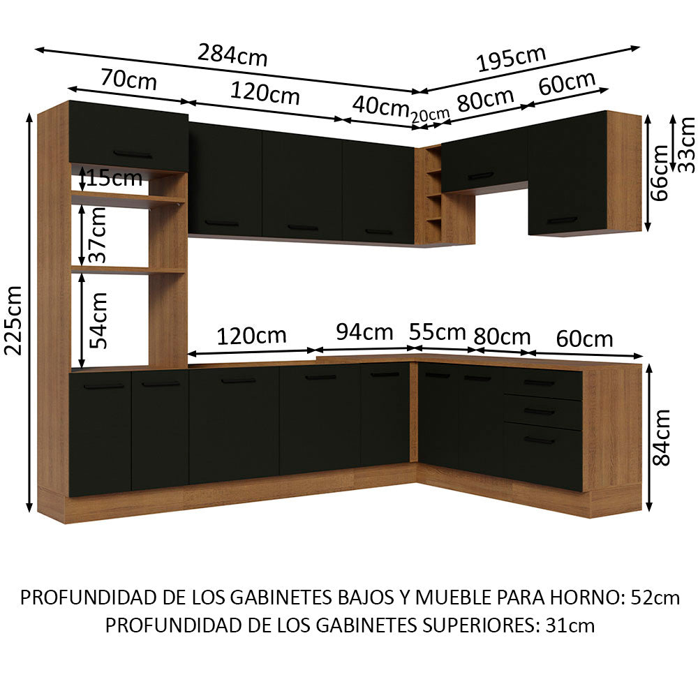Combo completo de Cocina Esquinera 479 cm 13 Puertas 3 Cajones Sin Mesada Marrón/Negro Agata Madesa