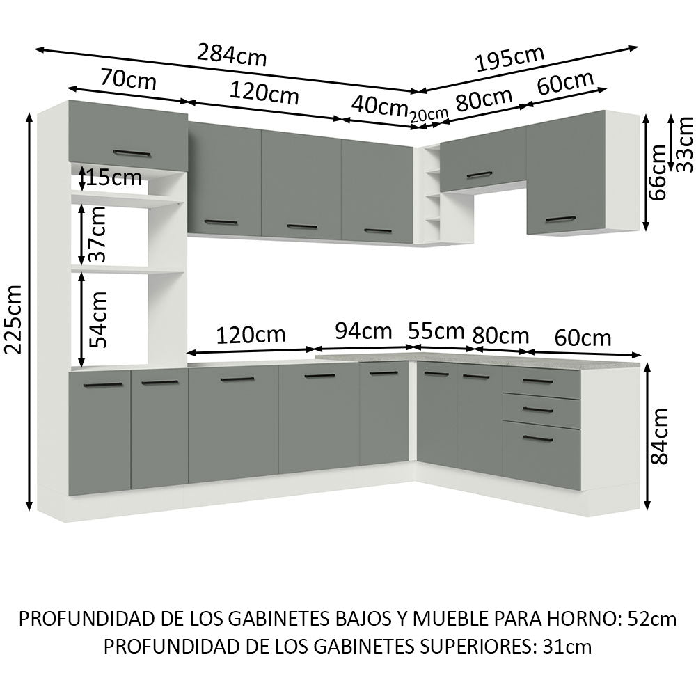 Combo completo de Cocina Esquinera 479 cm 13 Puertas 3 Cajones Sin Mesada Blanco/Gris Agata Madesa