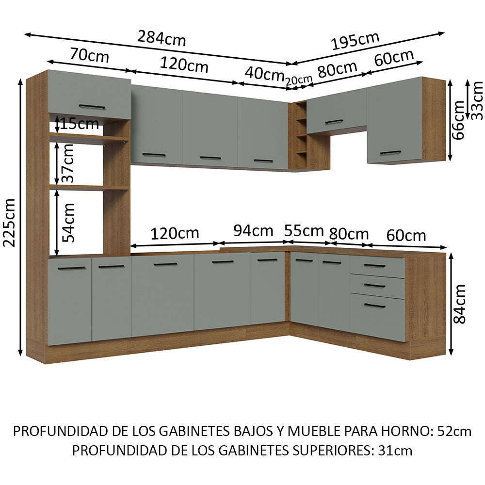 Combo completo de Cocina Esquinera 479 cm 13 Puertas 3 Cajones Sin Mesada Marrón/Gris Agata Madesa
