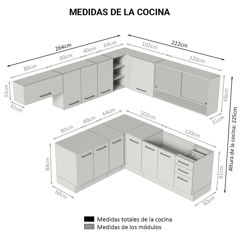 Combo completo de Cocina Esquinera 486 cm 13 Puertas 3 Cajones Sin Mesada Blanco/Crema Agata Madesa