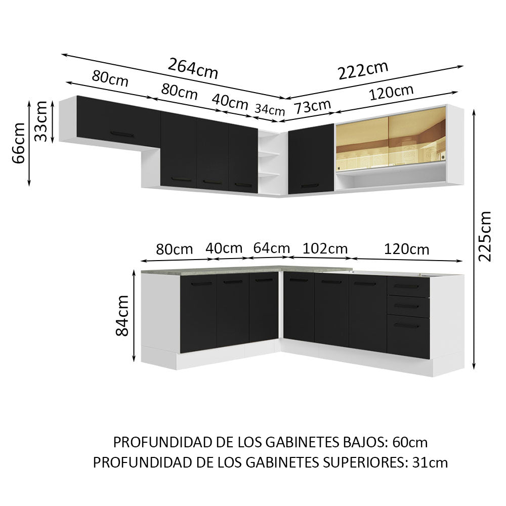 Combo Completo de Cocina Esquinera 486 cm Blanco/Negro 60 cm de Profundidad Agata Madesa 01