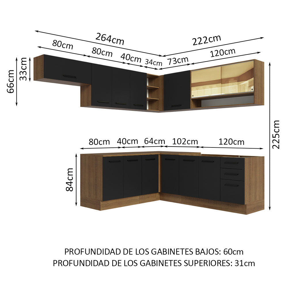 Combo Completo de Cocina Esquinera 486 cm Marrón/Negro 60 cm de Profundidad Agata Madesa 01
