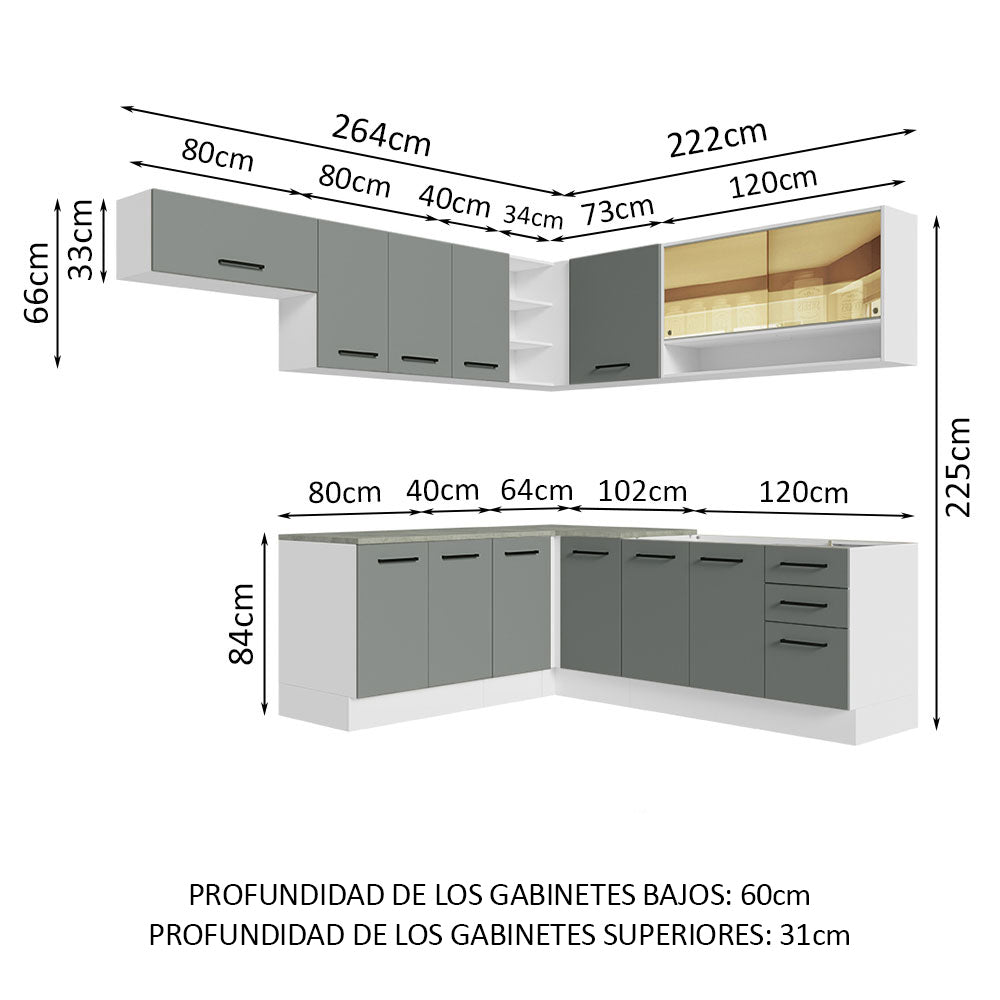 Combo completo de Cocina Esquinera 486 cm 13 Puertas 3 Cajones Sin Mesada Blanco/Gris Agata Madesa