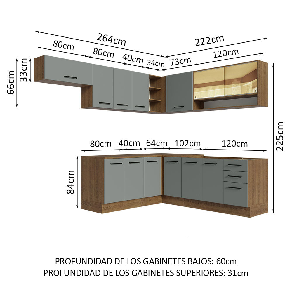 Combo completo de Cocina Esquinero 486cm Marrón/Gris 60cm de Profundidad Agata Madesa 01