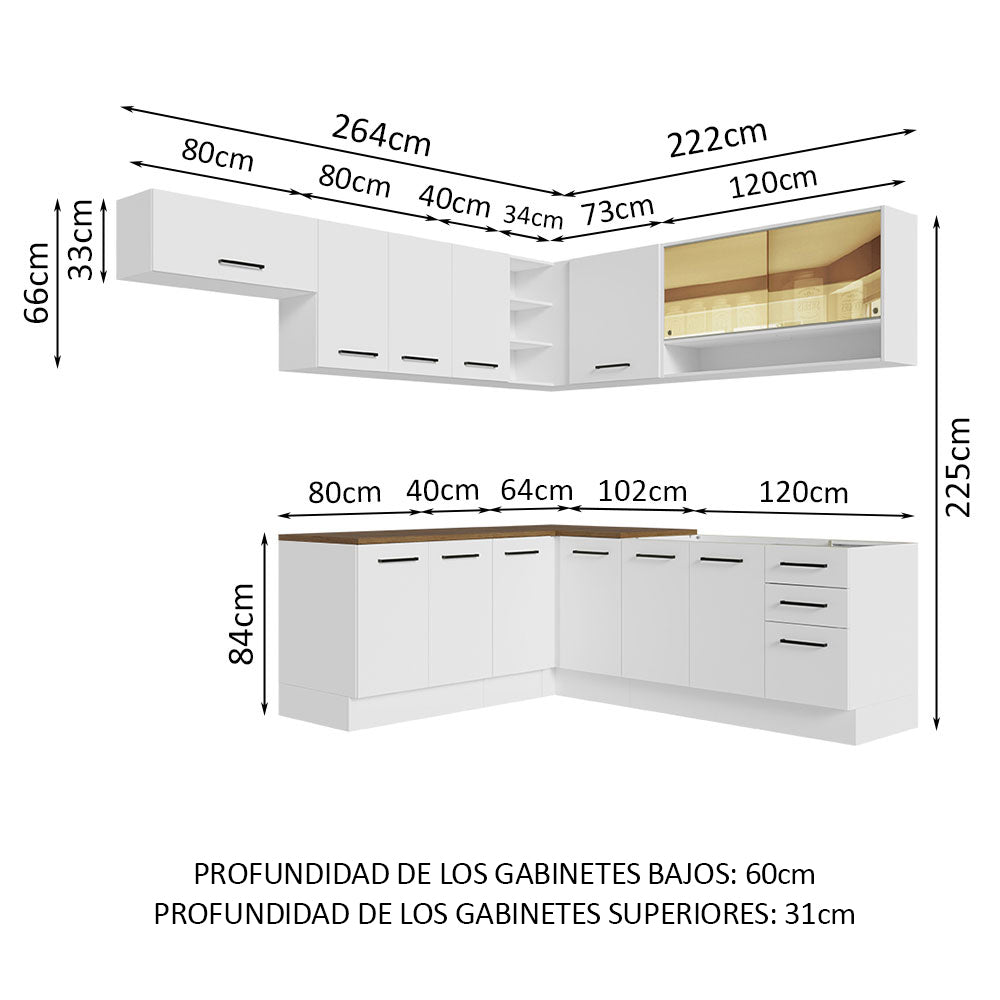 Combo completo de Cocina Esquinera 486cm Blanco con mesada Marrón 60cm fondo Agata Madesa 01