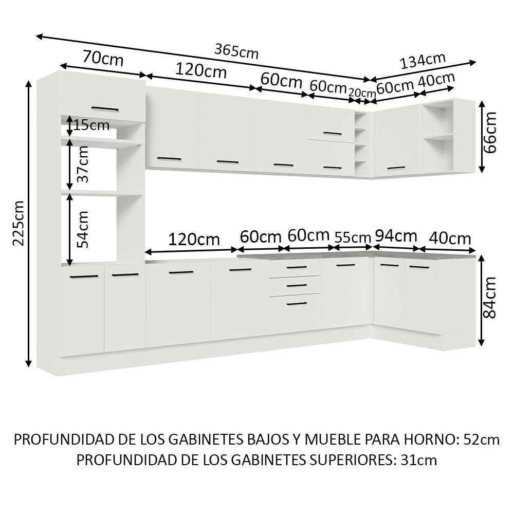 Combo completo de Cocina Esquinera 499 cm 14 Puertas 3 Cajones Sin Mesada Blanco Agata Madesa