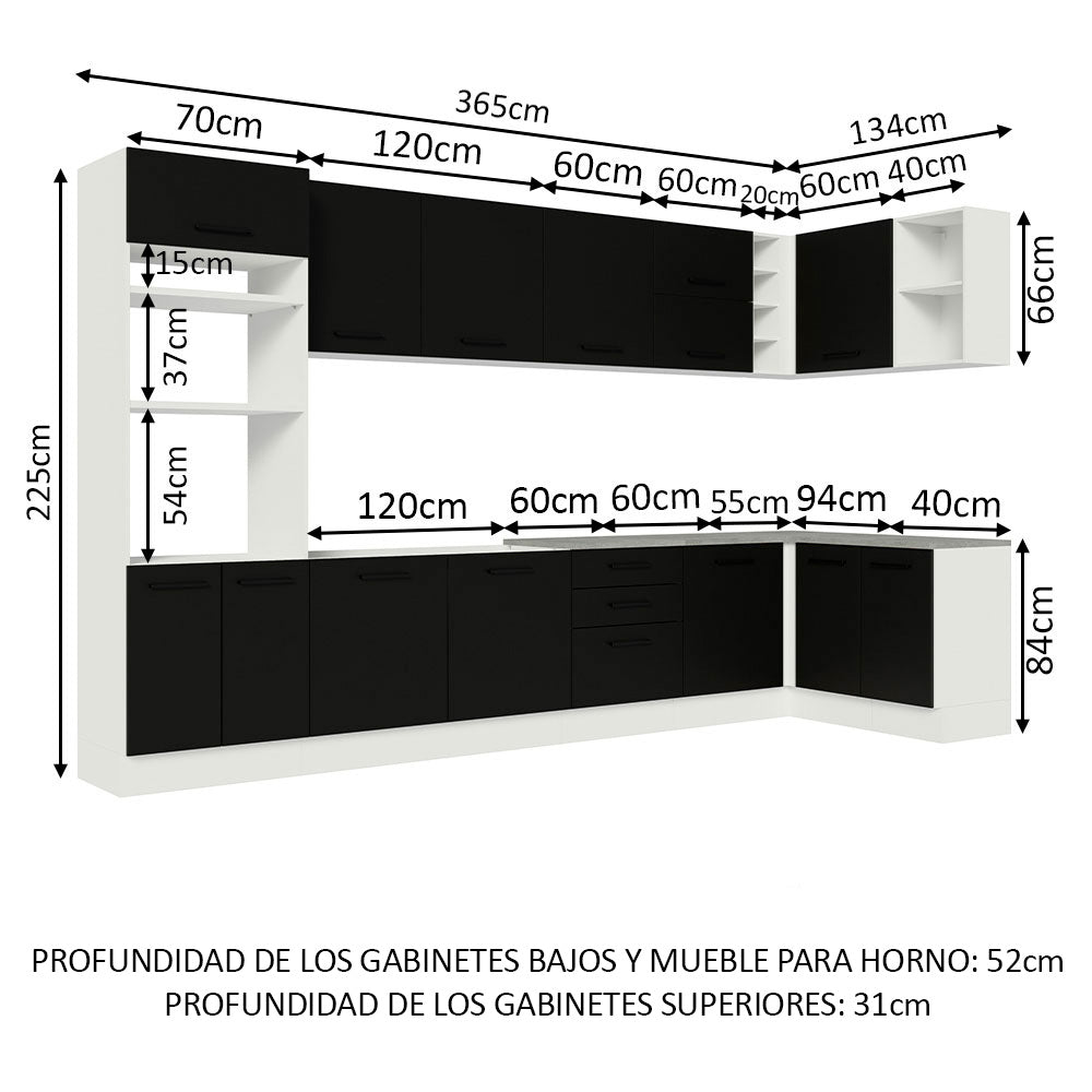 Combo completo de Cocina Esquinera 499 cm 14 Puertas 3 Cajones Sin Mesada Blanco/Negro Agata Madesa