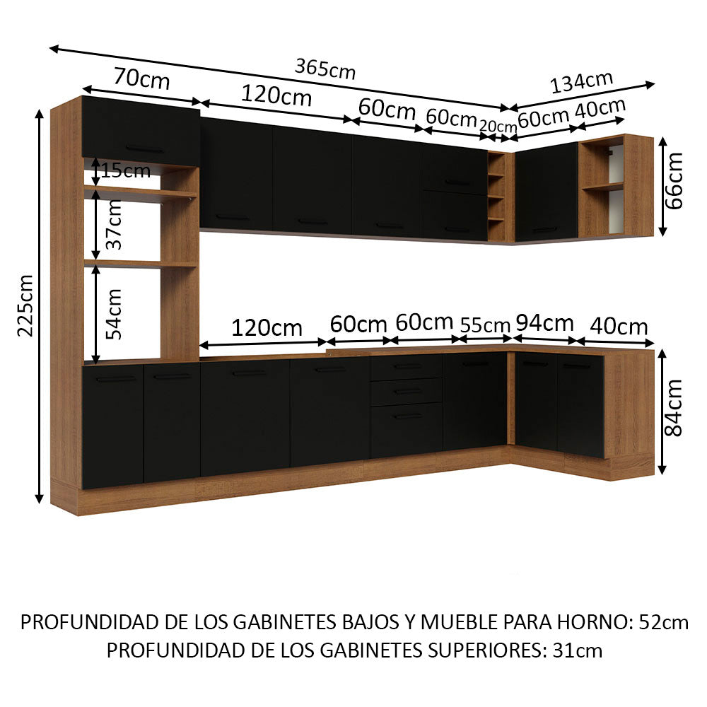Combo completo de Cocina Esquinera 499 cm 14 Puertas 3 Cajones Sin Mesada Marrón/Negro Agata Madesa