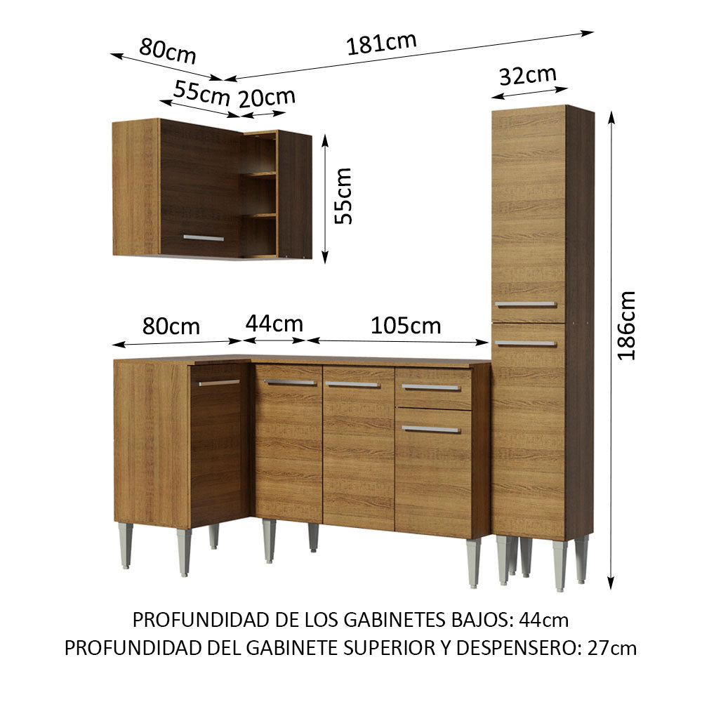Combo completo de Cocina Esquinera 261 cm 7 Puertas 1 Cajón Marrón Emilly Madesa