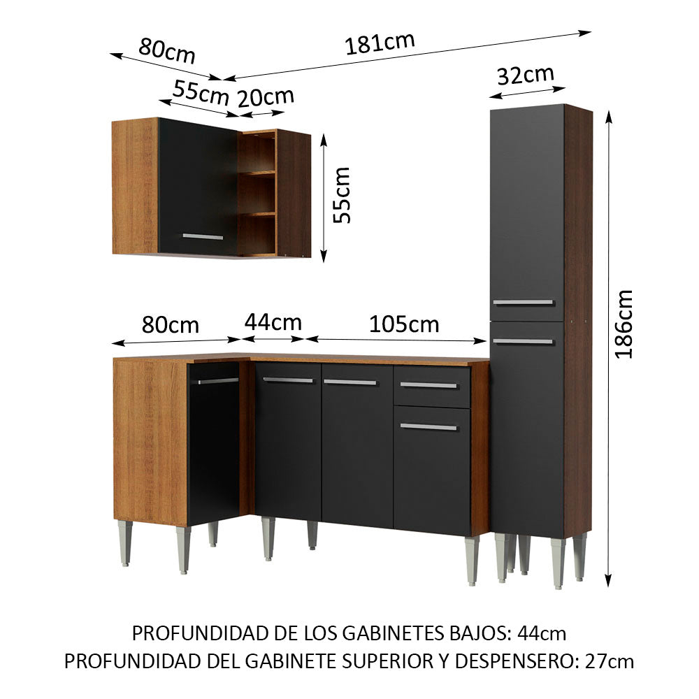 Combo completo de Cocina Esquinera 261 cm 6 Puertas 1 Cajón Marrón/Negro Emilly Madesa