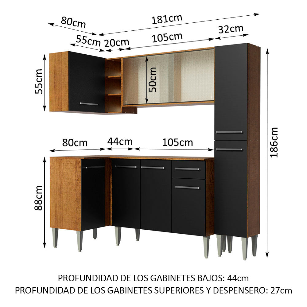 Combo completo de Cocina Esquinera 261 cm 9 Puertas 1 Cajón Marrón/Negro Emilly Madesa 02