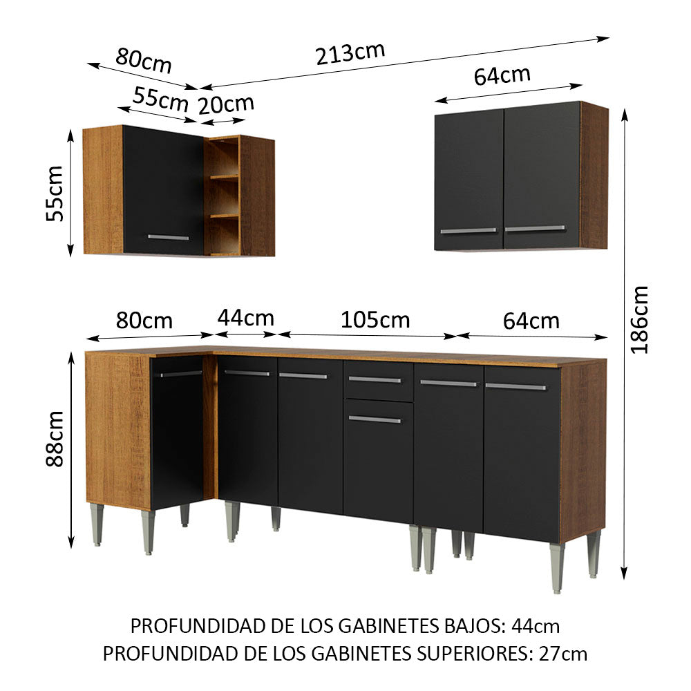 Combo completo de Cocina Esquinera 293 cm 9 Puertas 1 Cajón Marrón/Negro Emilly Madesa