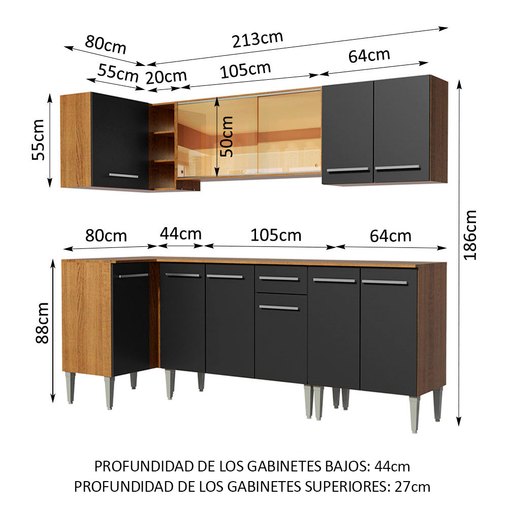 Combo completo de Cocina Esquinera 293 cm 11 Puertas 1 Cajón Marrón/Negro Emilly Madesa 04