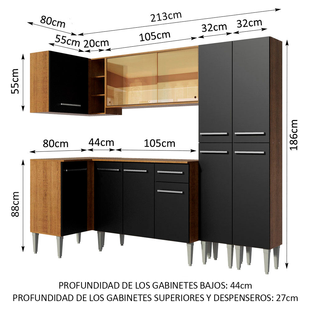 Combo completo de Cocina Esquinera 293 cm 11 Puertas 1 Cajón Marrón/Negro Emilly Madesa 06